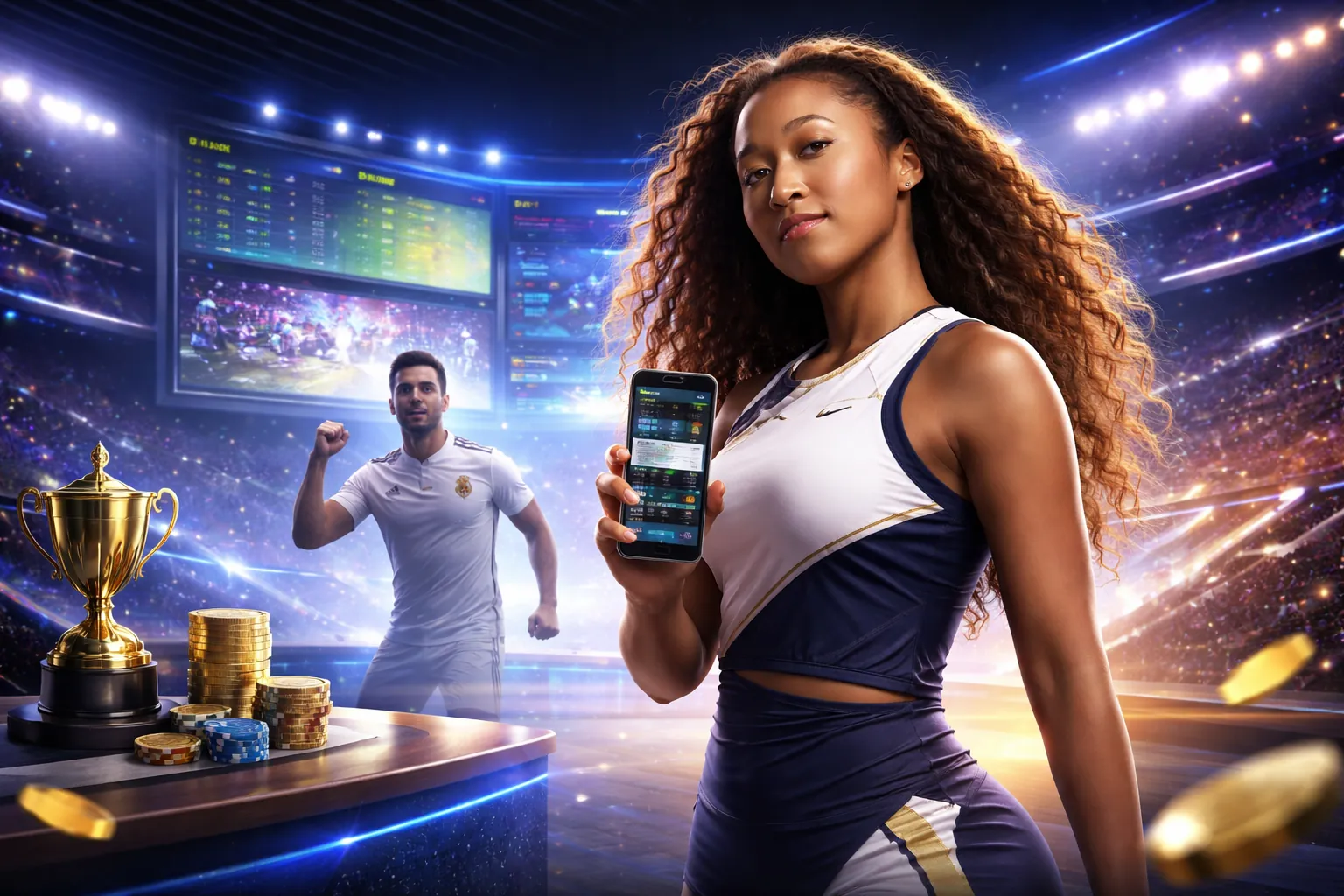 Sân vận động bóng đá với khán giả hò reo và biểu tượng cá cược 789bet